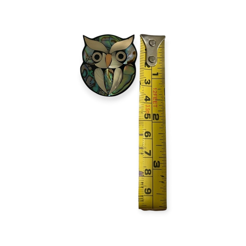 Vintage Lee Sands Owl Brooch Abalone Mother of Pearl Shell Mosaic Inlay Pin - Picture 6 of 7